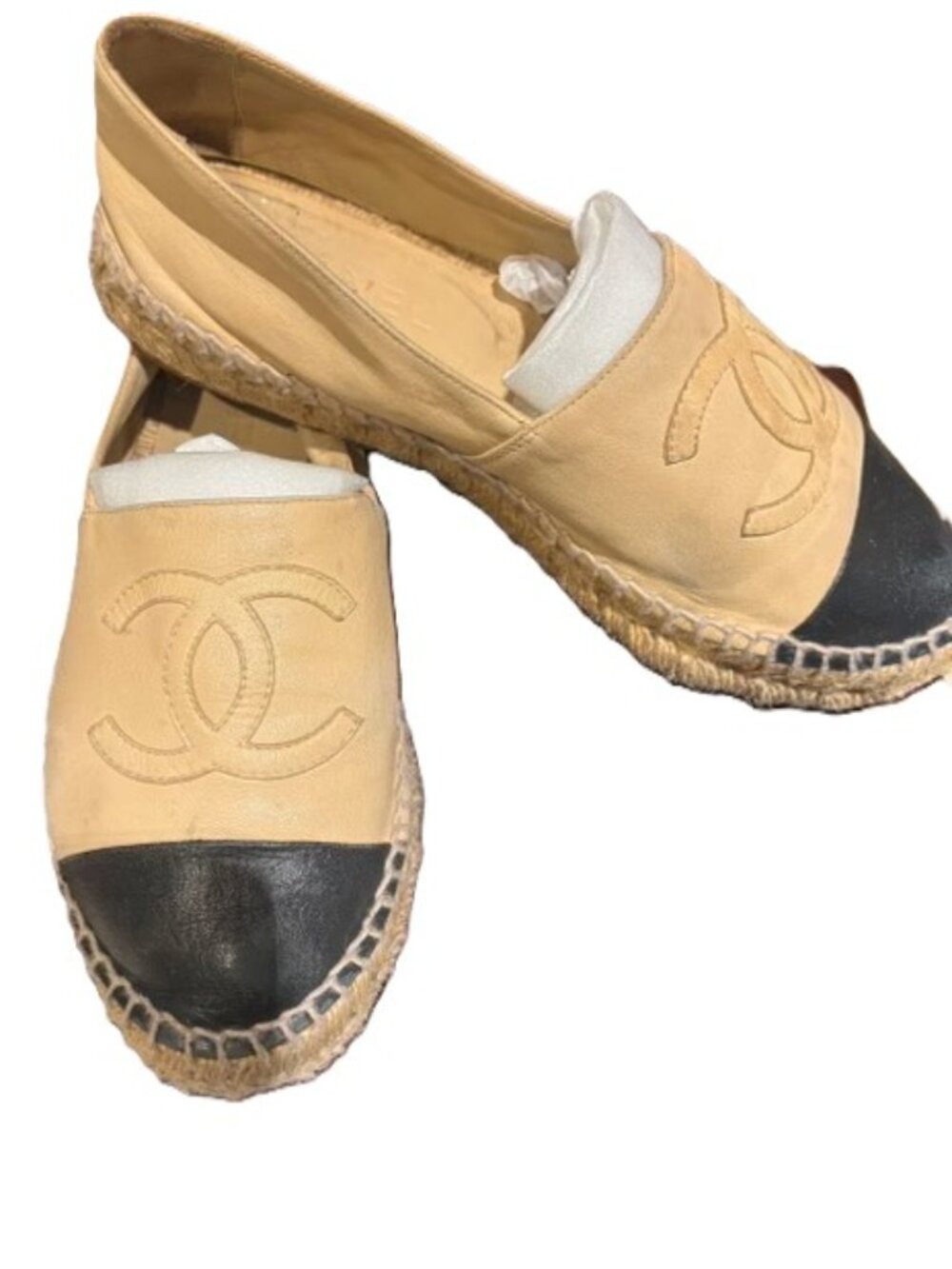 Chanel Lambskin CC Espadrilles 37.5 Beige Black